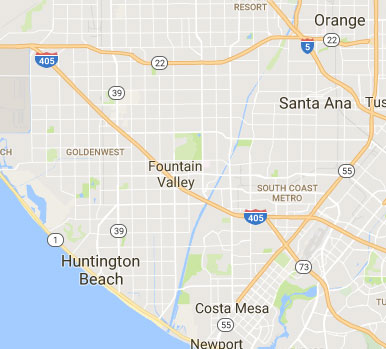 map of Fountain Valley, CA and other cities in Orange County